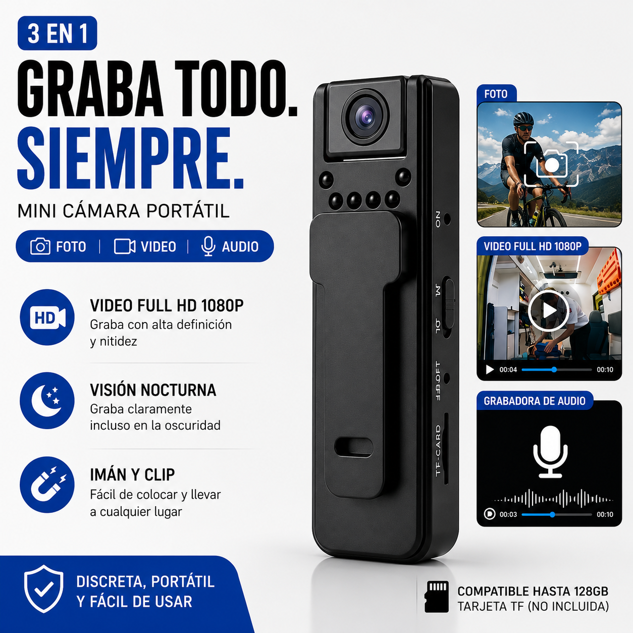 Mini Cámara Portátil 1080P - 3 en 1